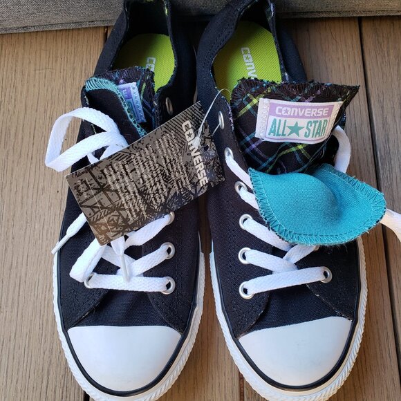 BNWT CTAS Converse Double Tongue Jet Black Aqua Plaid 655324F (Jr. 4.5) KICKS - Picture 2 of 8